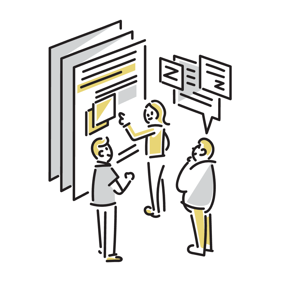 資料を見ながら計画や会議を進める職員のイラスト