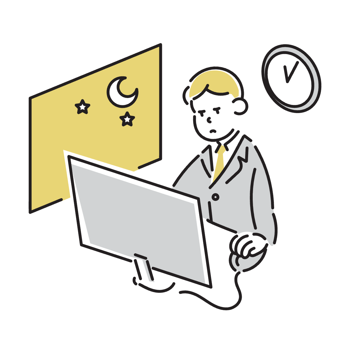 夜までパソコンで記録業務をする職員のイラスト