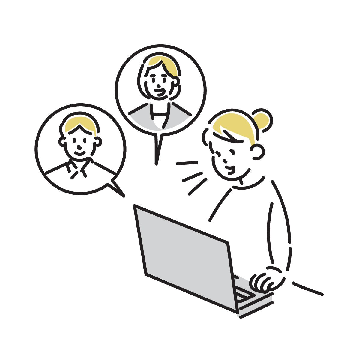パソコンを介して複数人と情報共有する職員のイラスト